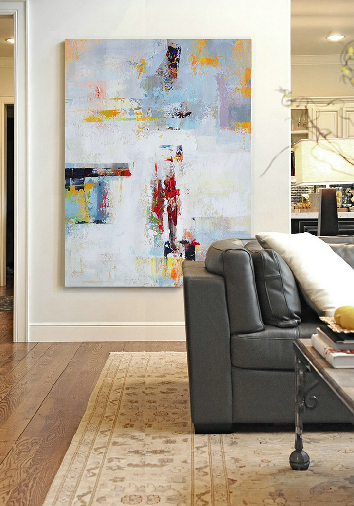 Original Extra Large Wall Art,Vertical Palette Knife Contemporary Art,Original Abstract Painting Canvas Art,White,Grey,Red,Yellow.Etc - Click Image to Close